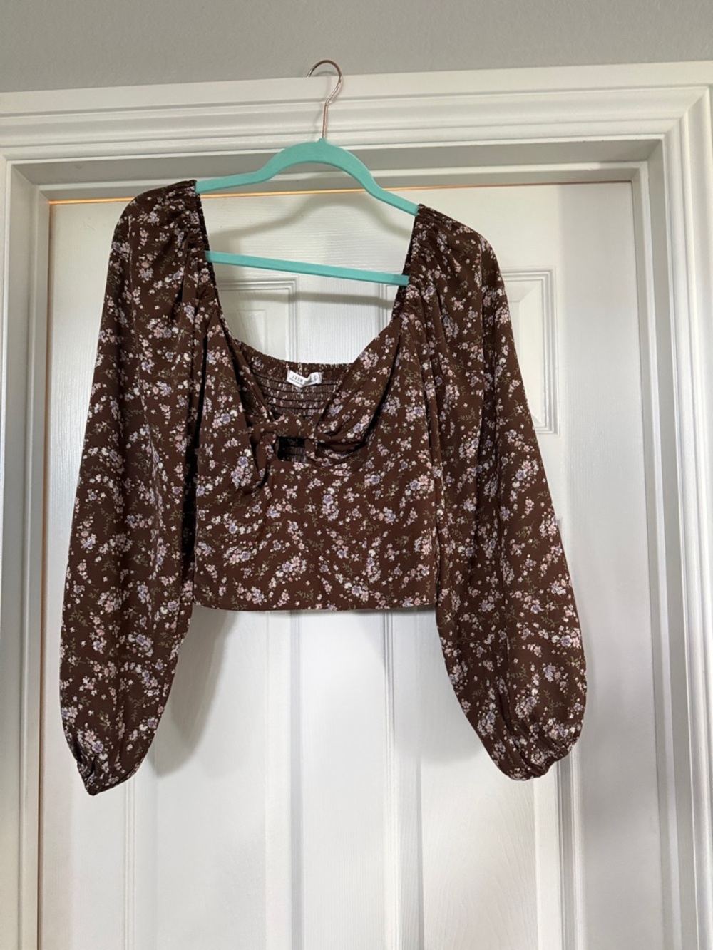 12th Tribe Brown Floral Square Neck Cropped Blouse